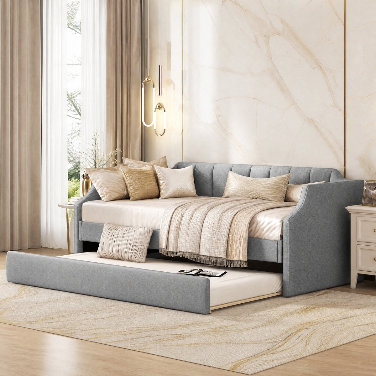 COVREO 90 x 200cm Tagesbett met Rolbett, Gepolsterd Sofabed - Grondig Zetelbed, Grau grijs