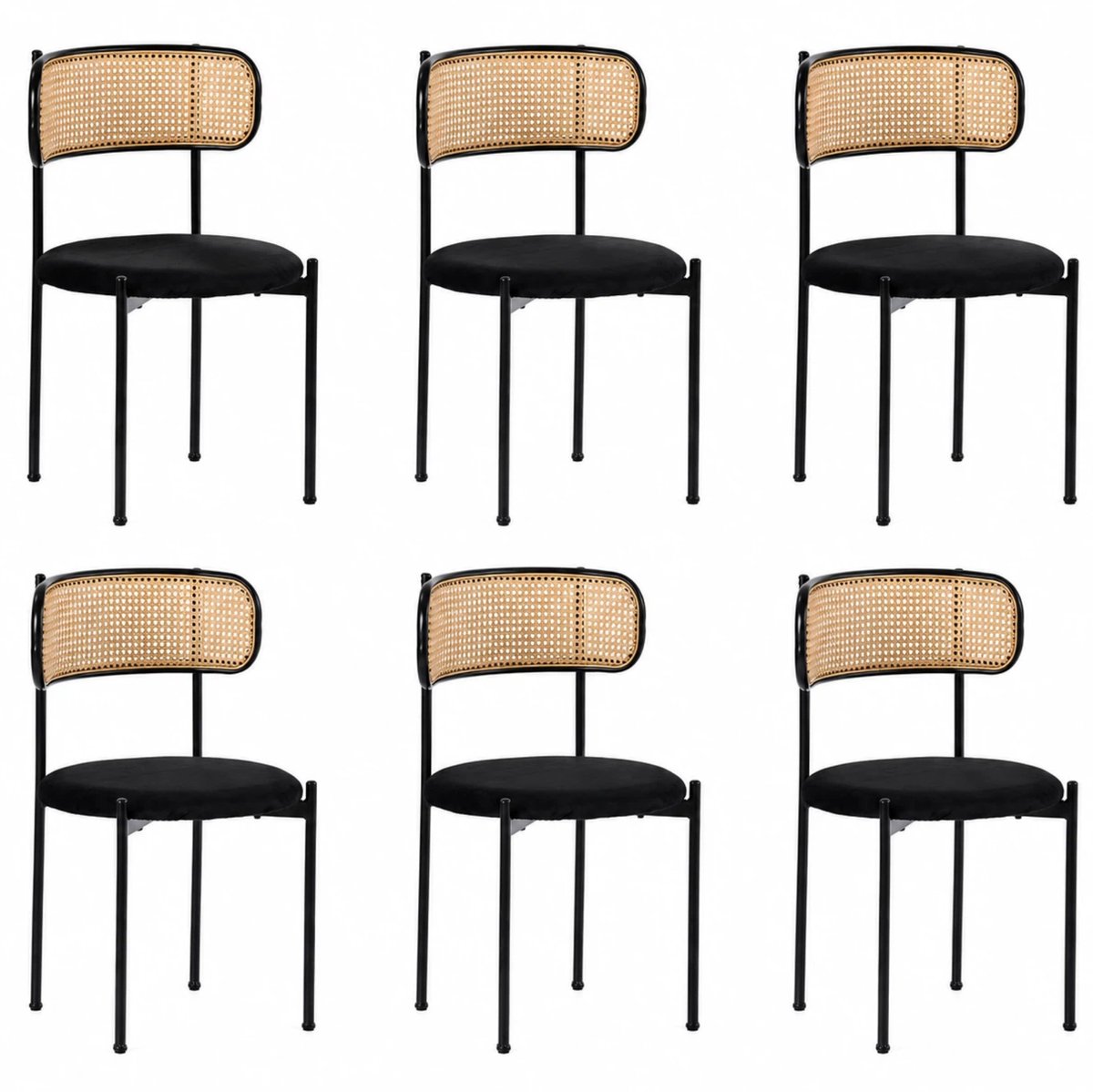 MUVANO Fluwelen eetkamerstoelen set van 6 - Moderne eetkamerstoel met rotan rugleuning - Velours stoel - 150 kg - Ergonomisch - Woonkamer Zwart