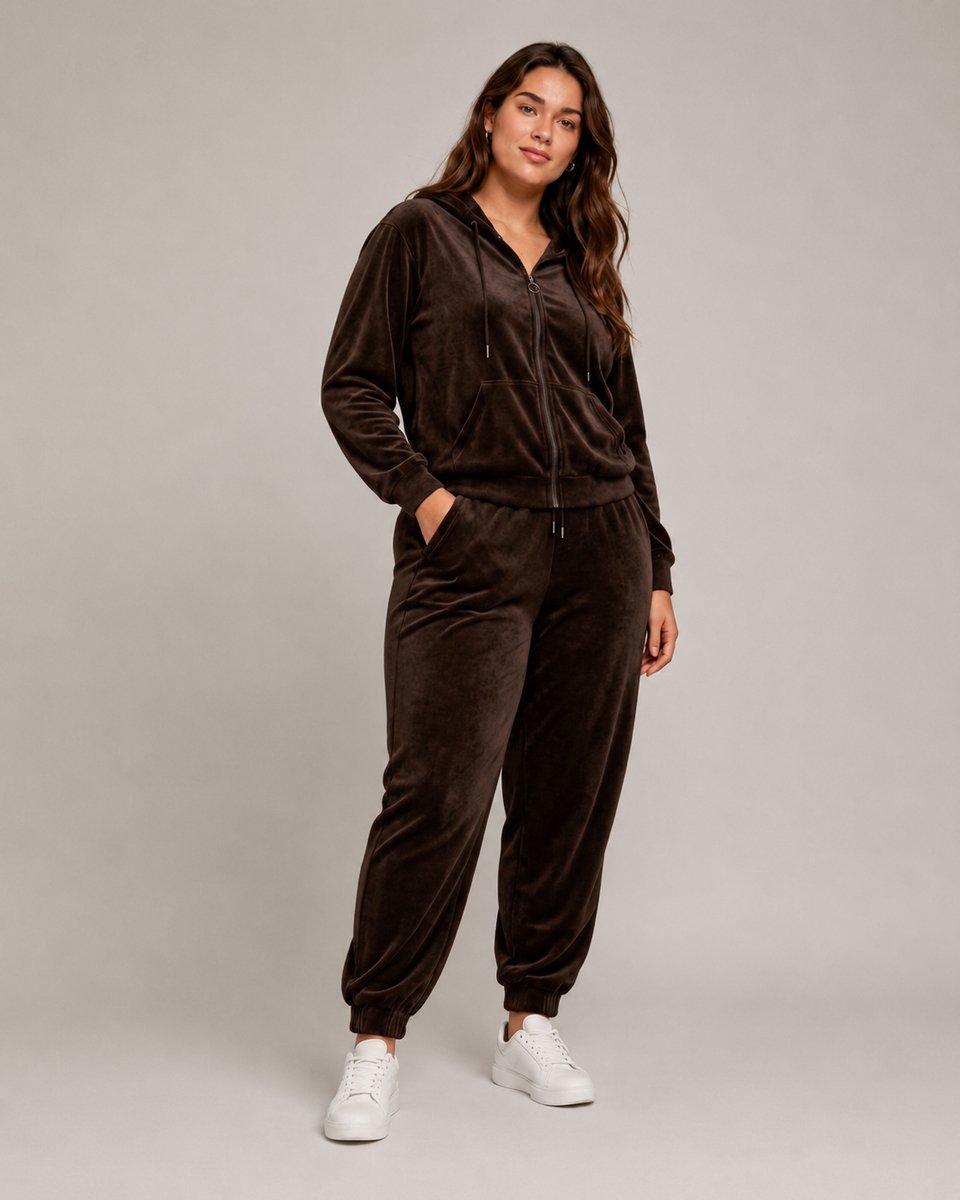 Dames Velours Huispak/Vrijetijdspak -V100- L/XL (40-42) DONKERBRUIN