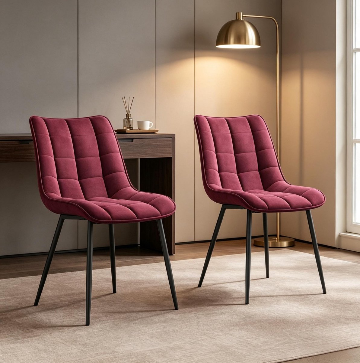 OKWISH Eetkamerstoel – Set Van 2 Gepolsterde Stoelen – Fluweel, Zonder Armleuningen & Schuine Metalen Poten – Eetkamer, Kantoor – Bordeauxrood