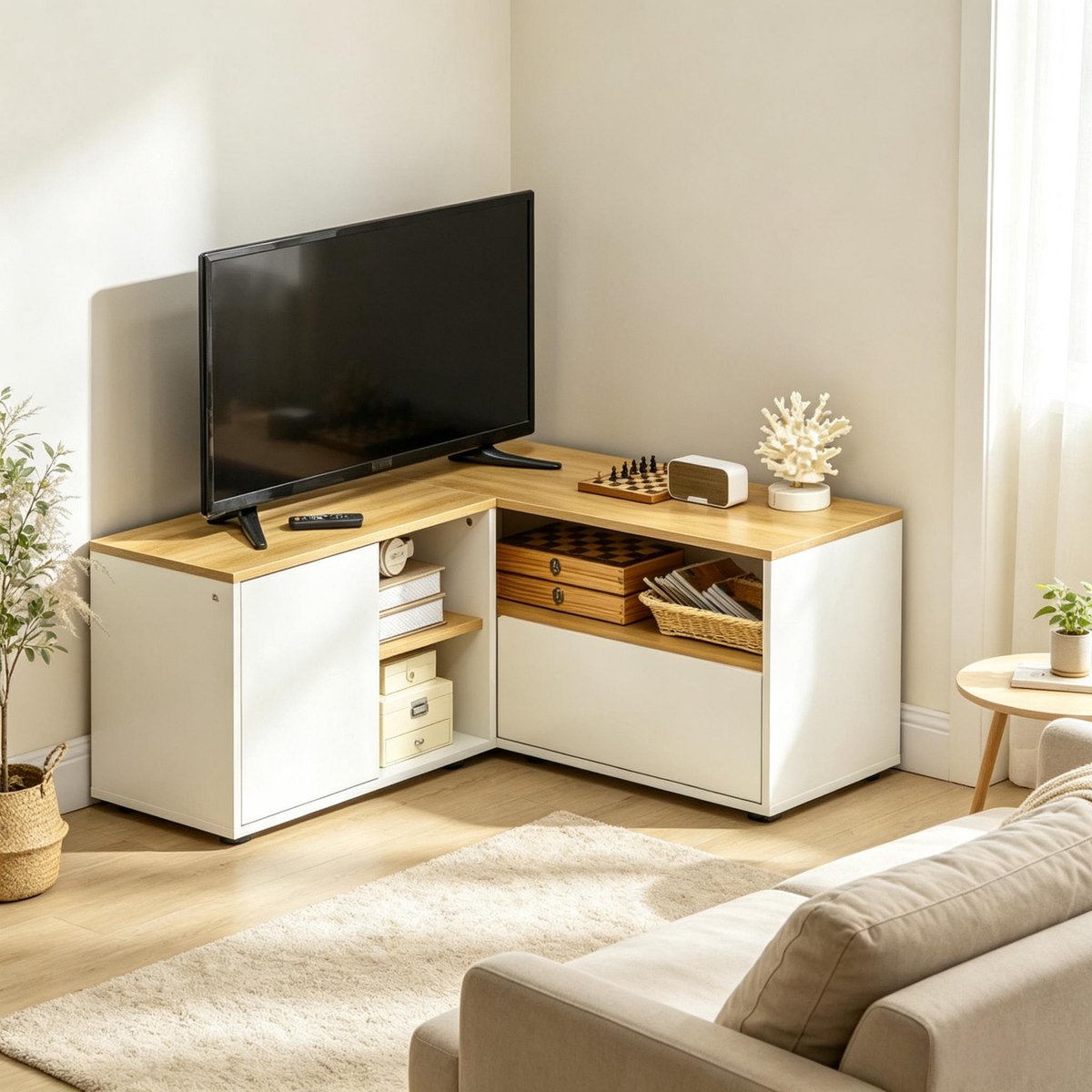 REDOM - TV meubel - L-vormig hoekontwerp - 3 open vakken en 2 deuren - Scandinavische stijl - Woonkamer - Spaanplaat - Wit en licht hout - 90 x 90 x 45 cm