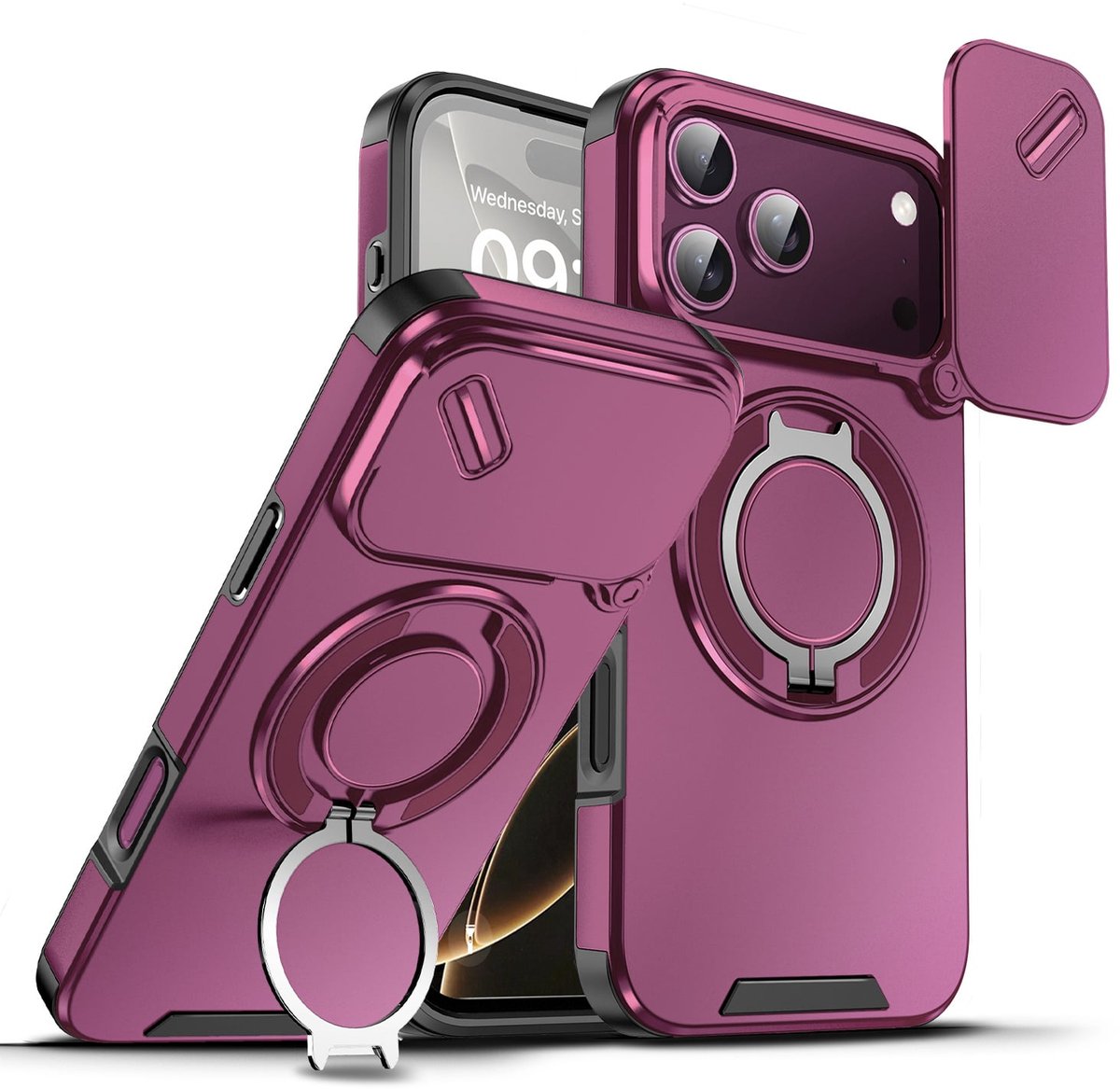 Hoesje Geschikt voor iPhone 18 Pro Max Hoesje - Kersenrood Hybrid Armor, Schokbestendig met Ringhouder & Kickstand, Verhoogde Camerabescherming – voor MagSafe - Ntech