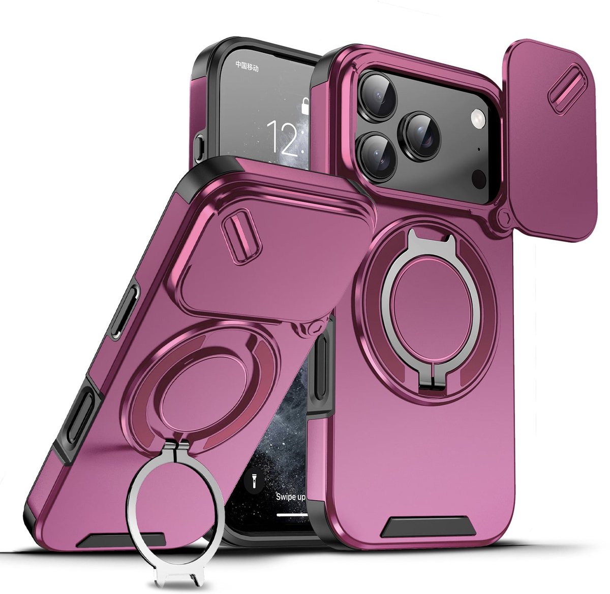 Hoesje Geschikt voor iPhone 18 Pro Hoesje - Kersenrood Hybrid Armor, Schokbestendig met Ringhouder & Kickstand, Verhoogde Camerabescherming – voor MagSafe - Ntech