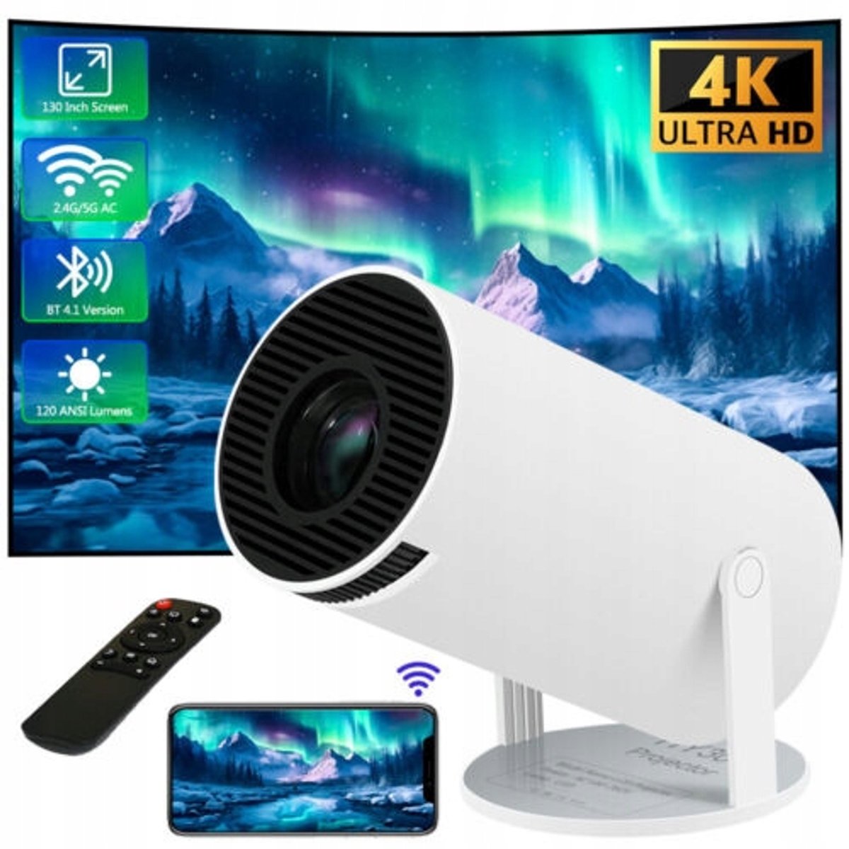 Mini Beamer - Draagbaar Projector - Android TV 11.0 - 2.4/5G WiFi & Bluetooth 5.0 - Automatische Keystone-correctie - 120 ANSI - 40-130 Inch - Thuisbioscoop - Voor Thuis & Kantoor
