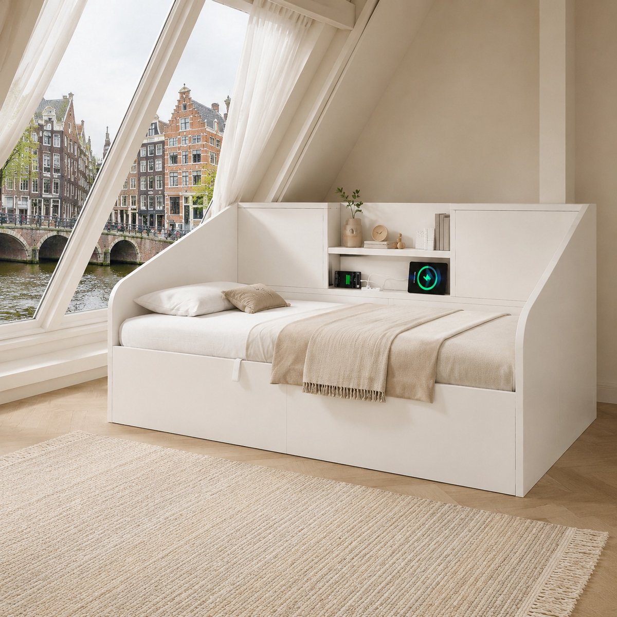 WUVRIE Bedbank 90x200 cm met opbergruimte, lattenbodem en USB/Type-C, wit