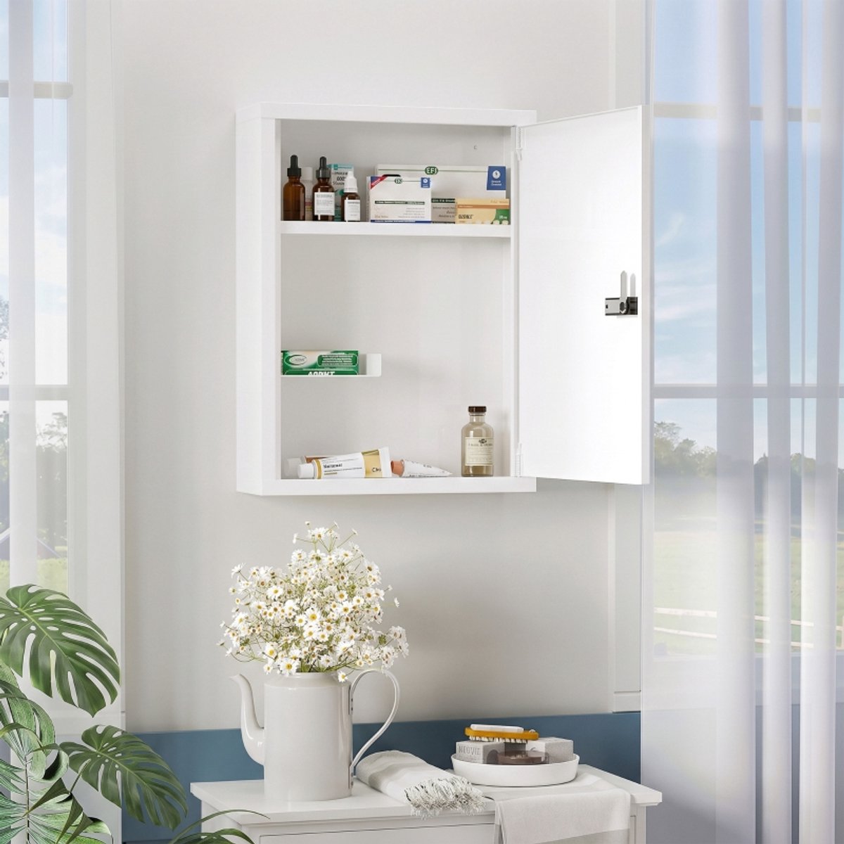REDOM - Medicijnkast - Wandmontage met combinatieslot - Met planken en deur - Slot voor veilige opbergruimte - Basic stijl - Badkamer - Staal - Wit - 40 x 15 x 53,5 cm