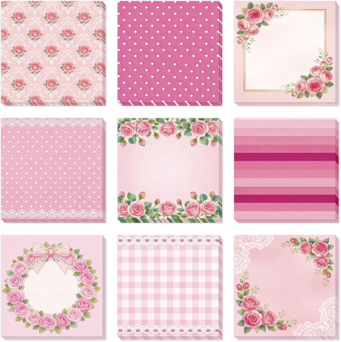 9 Pads Roze Rozen Sticky Notes Set - 540 Vellen - Handige Notities voor Thuis en Kantoor