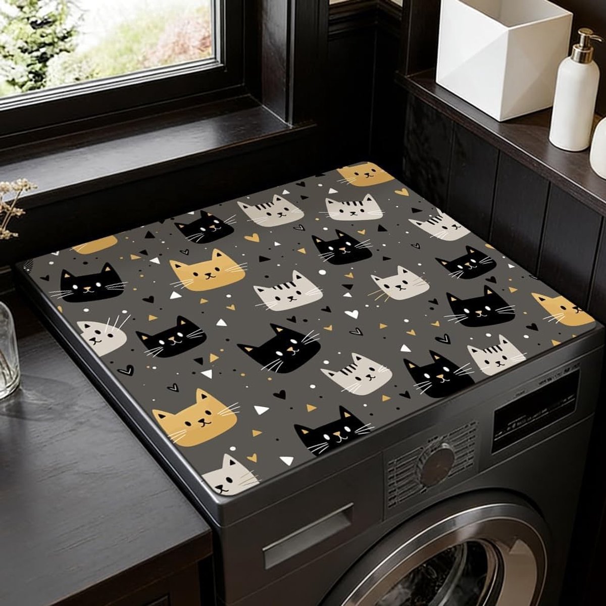 Kattendroogmat en afdekking voor de wasmachine, eenvoudig te reinigen, van vezelmateriaal met schattig kattenpatroon voor het organiseren van wasgoed en het verminderen van rommel