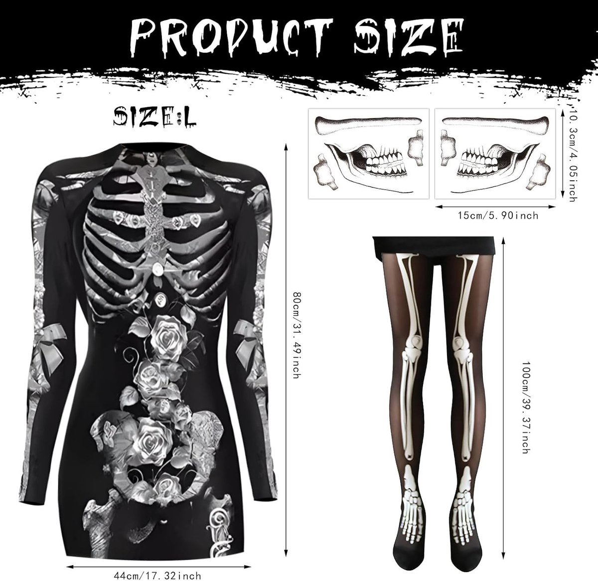 Halloween Kostuum Dames met Visnet Panty, 2 x Skull Tatoeages, Accessoires voor Carnaval en Cosplay