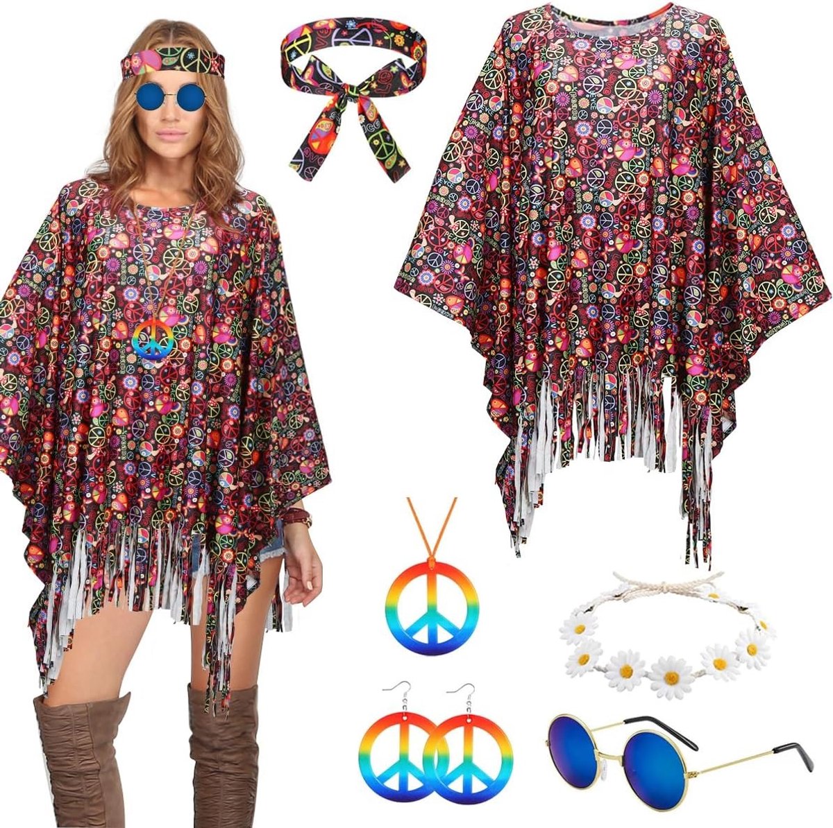 Hippie Kostuum Set voor Dames met Poncho, Bril, Oorbellen en Sieraden voor Carnaval en Feestjes