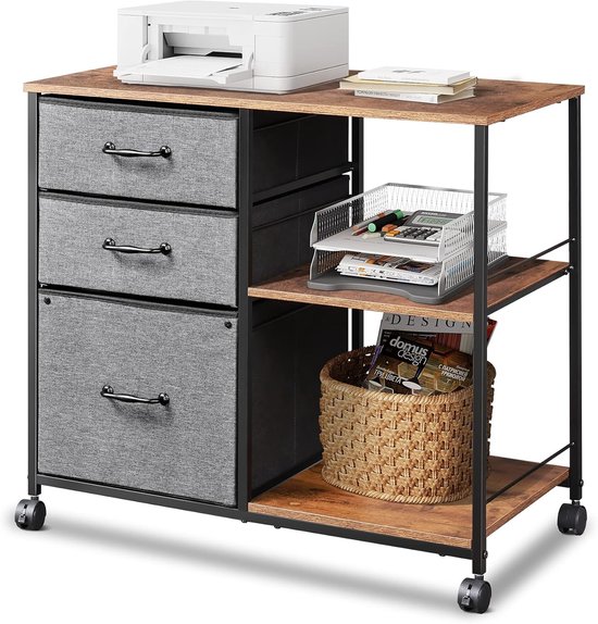 Mobiele archiefkast met houten blad, 3 stoffen lades, 2 open vakken, printer, mand en ladebakje.
