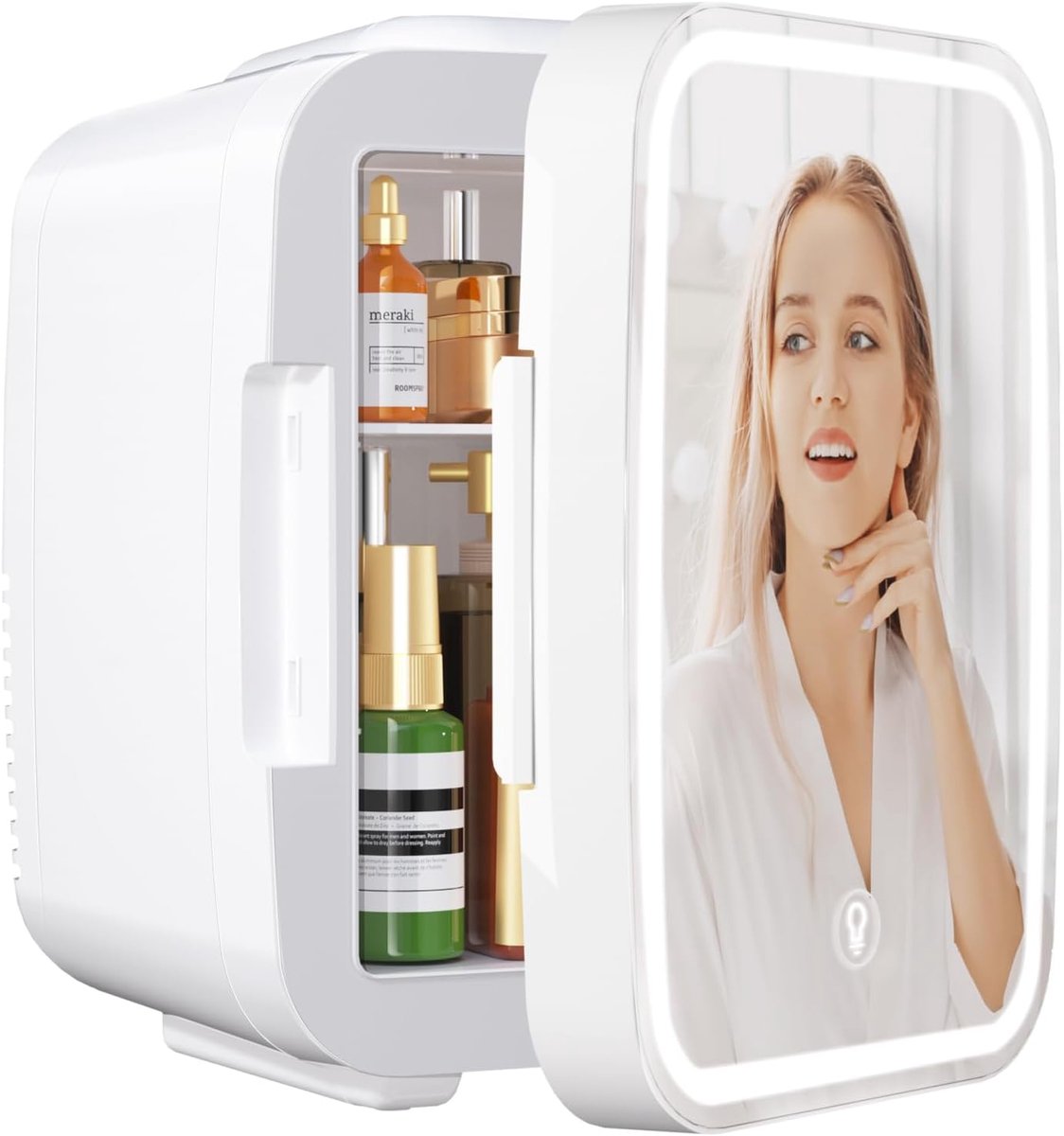 Mini Koelkast met LED Spiegel 4L – Draagbare Thermo-elektrische Skincare Fridge – 220V/12V – Wit