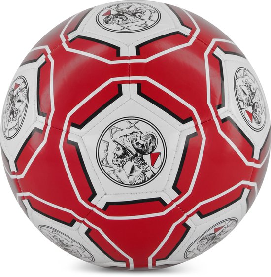 Voetbal met rode, witte en zwarte vlakken, met het Ajax-logo erop.