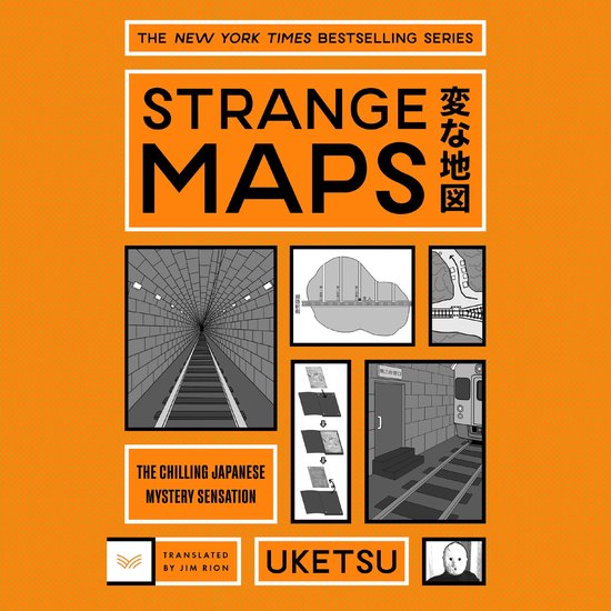 Boek met oranje omslag 'Strange Maps', de New York Times bestseller. Bevat illustraties van een tunnel, kaarten en een metrostation.
