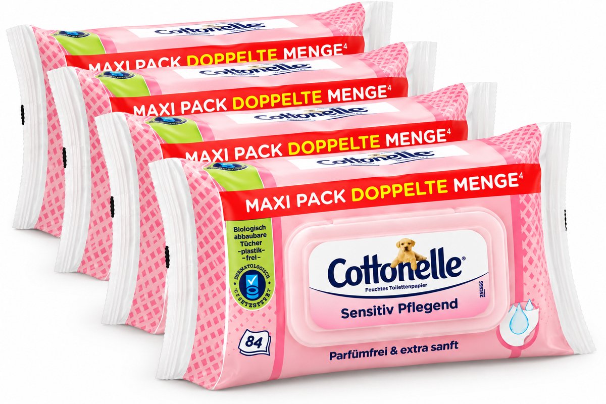 Cottonelle Sensitive Vochtig Toiletpapier – 4 x 84 Doekjes – Parfumvrij & Extra Zacht