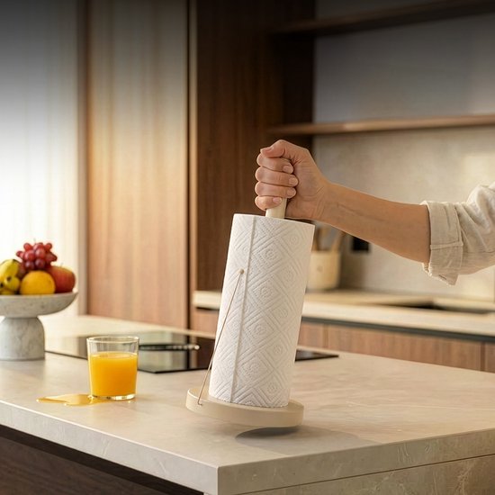 Hand trekt keukenpapier van een beige keukenrolhouder met anti-rol arm.