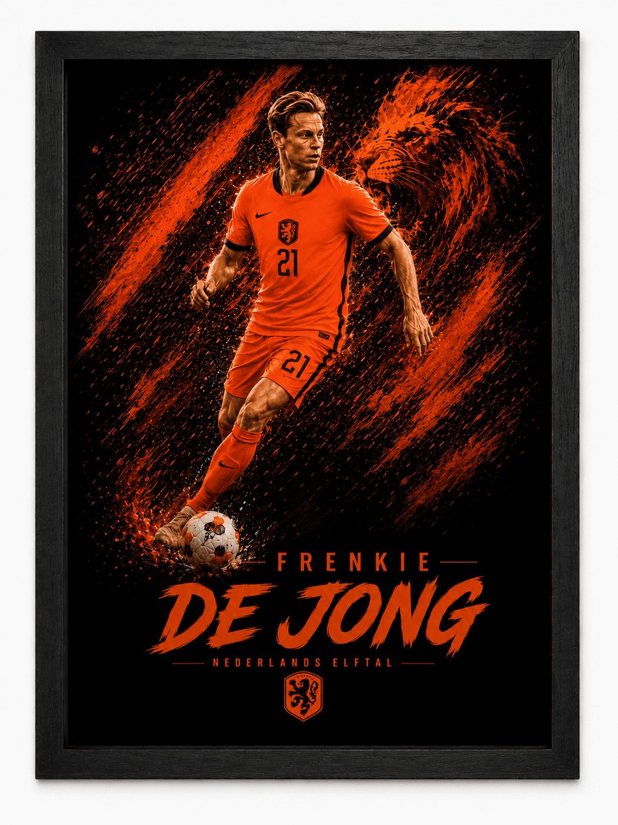 Frenkie de Jong Nederland Poster KNVB Inclusief Zwarte A3 Lijst | Voetbal Wanddecoratie Oranje Fans