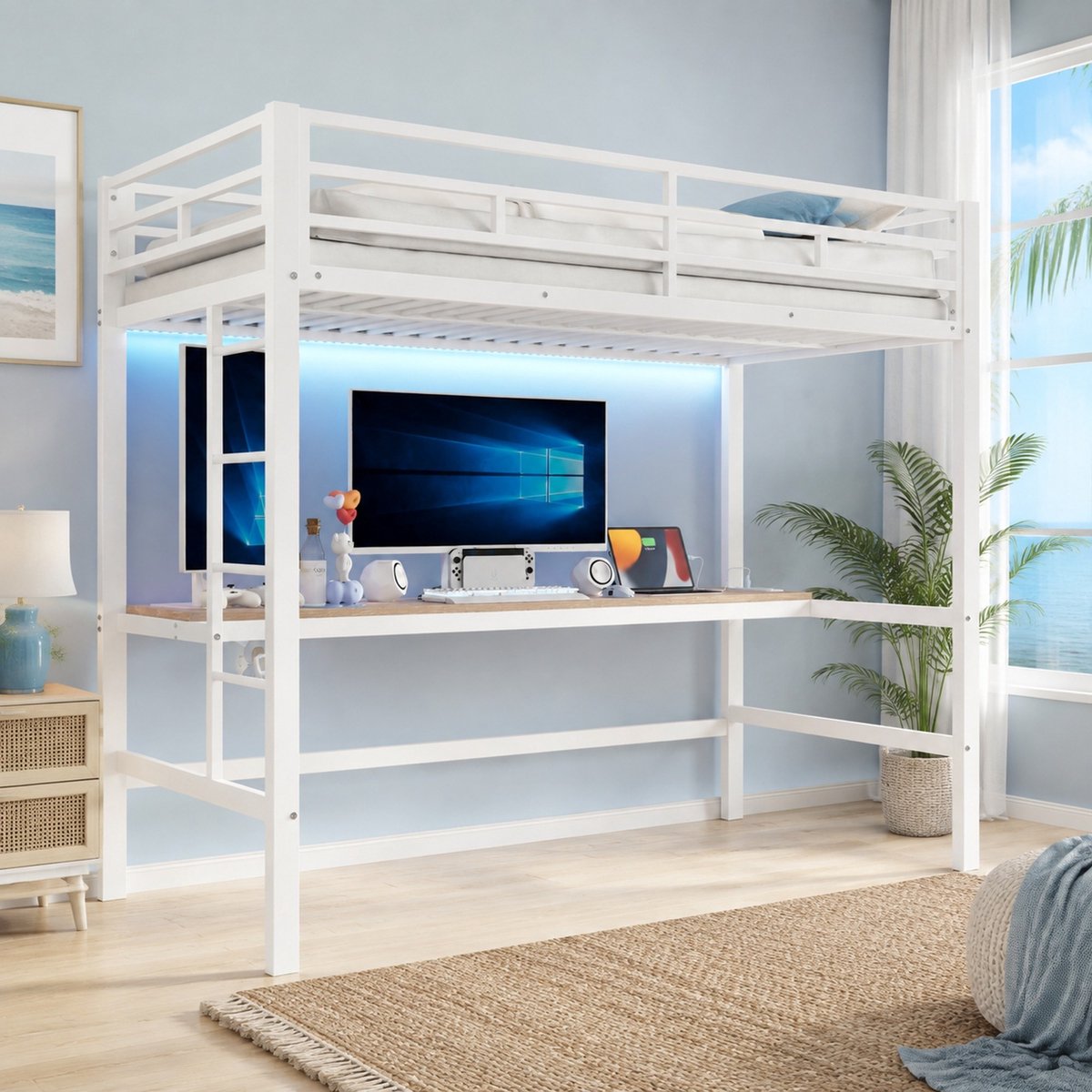 COVREO Hoogslaper met bureau en verlichting – 90x200 cm – Kinderbed met ladder en uitvalbeveiliging – Metaal en MDF – Wit - zonder matras