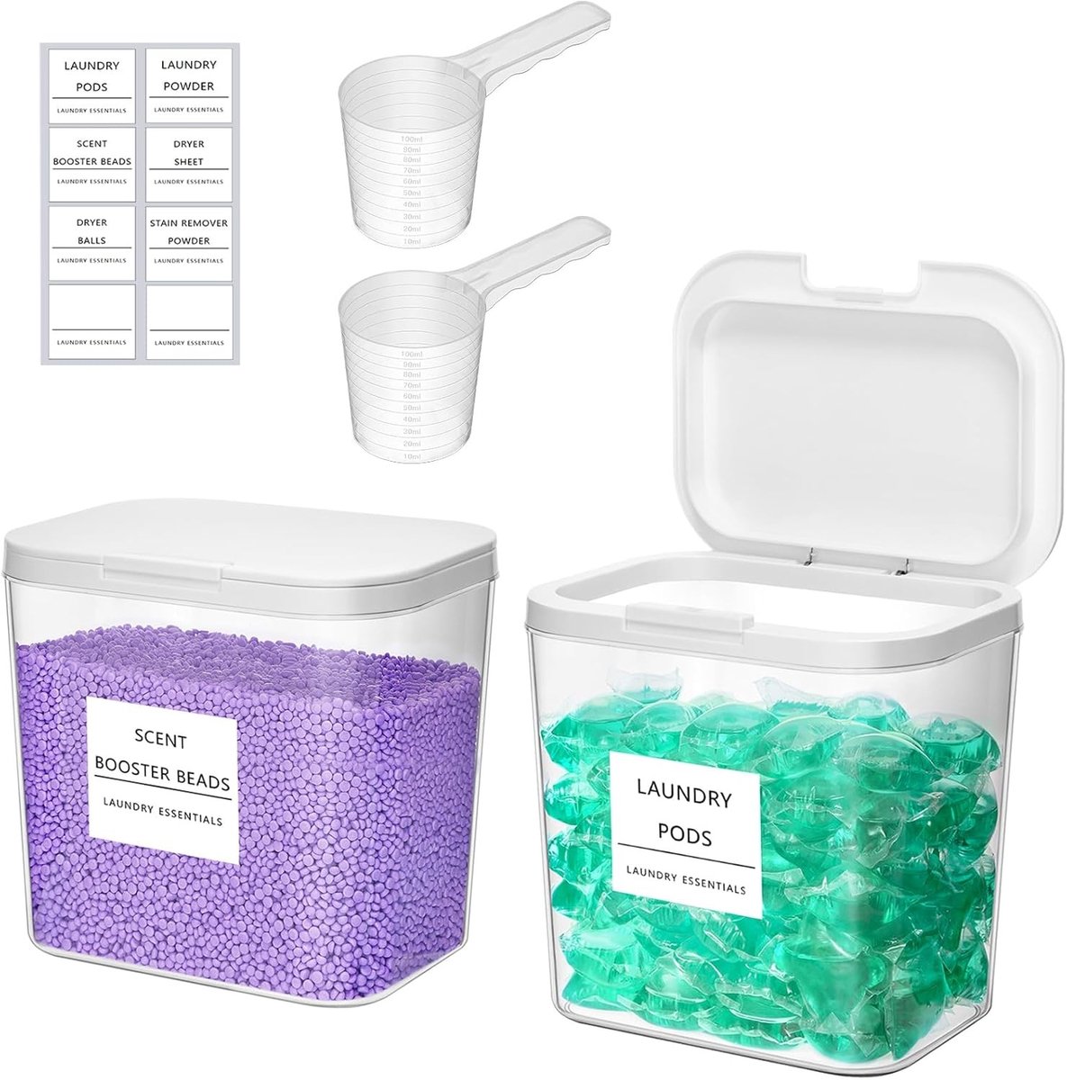 2-Pack Wasmiddel Pod Containers met Labels en Lepels, Opbergoplossing voor Waspoeder, Geurversterker en Organisatie in de Wasruimte