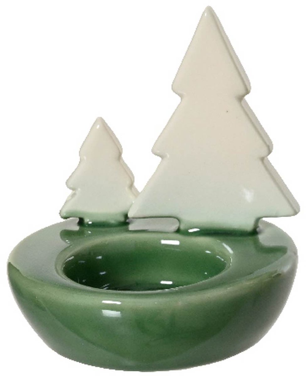 Kaemingk Theelichthouder Dennenbomen Groen-Wit Ø 8,5x9 cm - Porselein