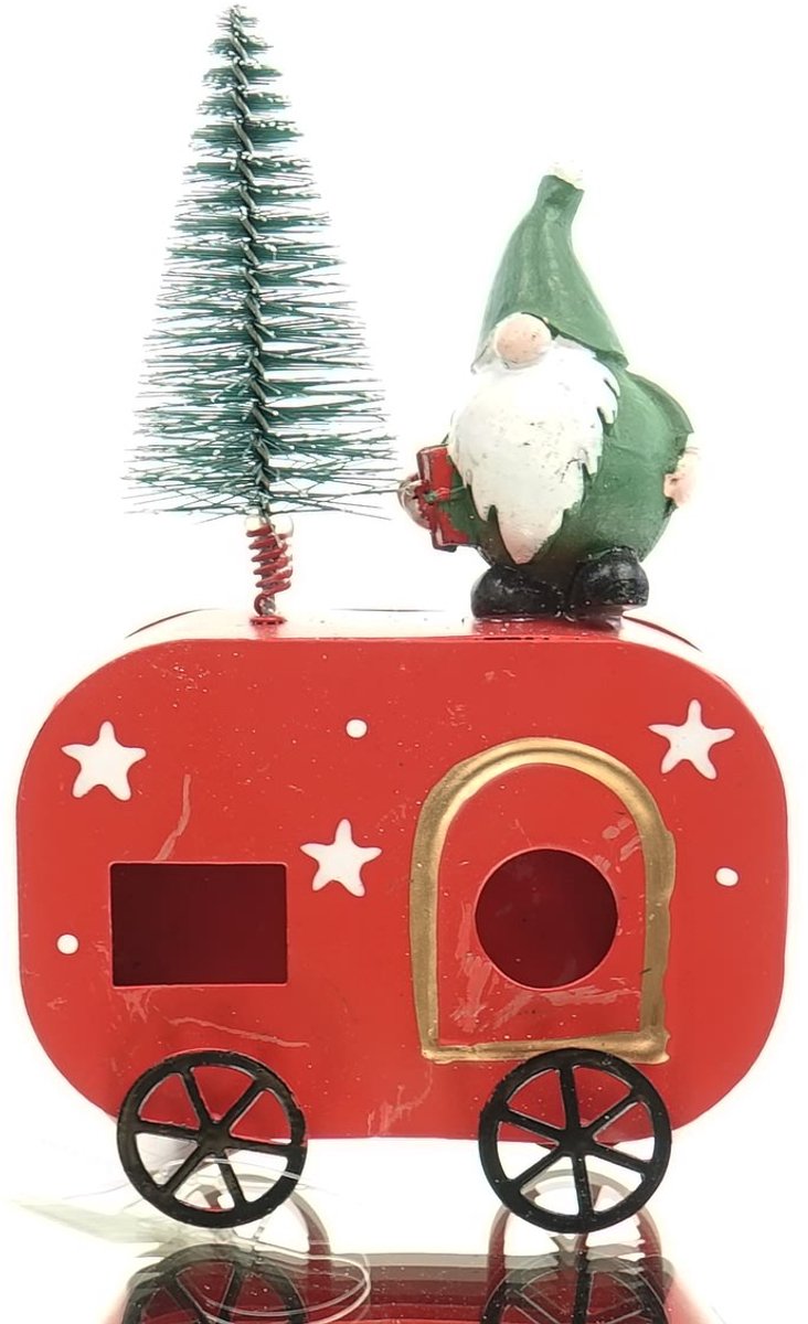 Gasper Kerstdeco Caravan met Kabouter Rood Groen 15,5 cm