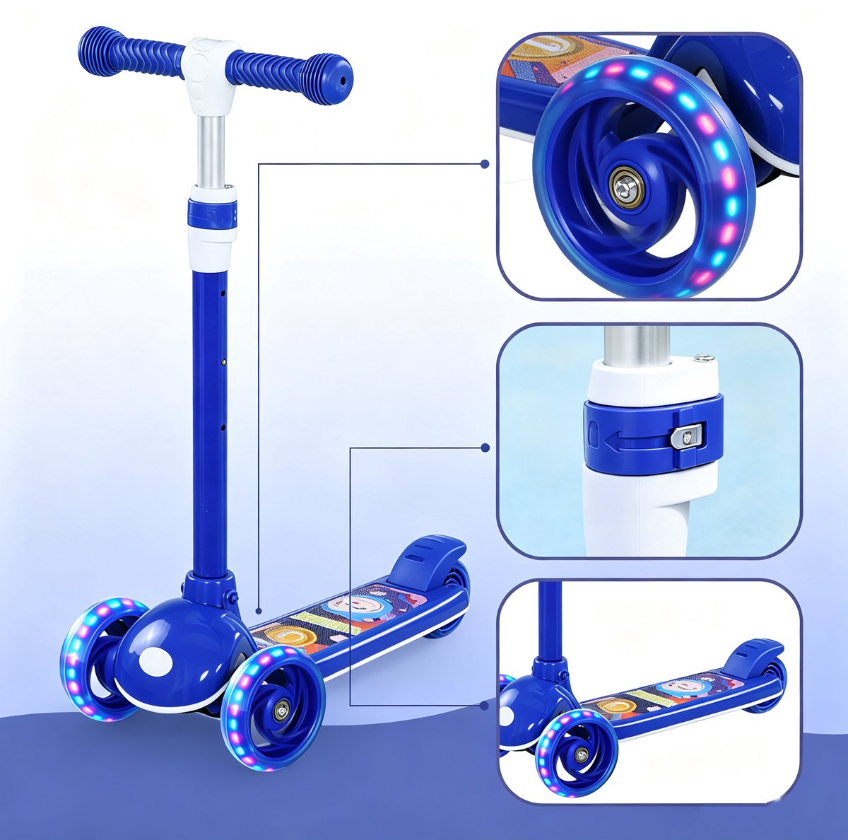 TEKROA® Kinderstep - met 3 wielen voor kinderen -max 25kg - van 2-6 jaar met verstelbare hoogte - LED-verlichting - TPE-stuur - 52L x 29W x 63/76Hcm - blauw