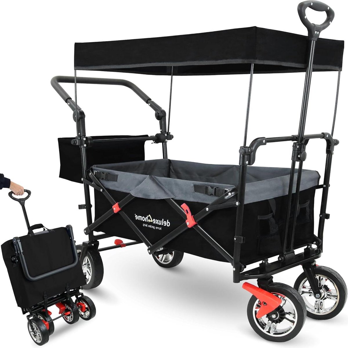 Bolderkar met Dak - Handwagen Transportwagen - Uitstapjes Organiseren - Opvouwbaar Ruimtebesparend - 80 kg Draagvermogen - Zwart