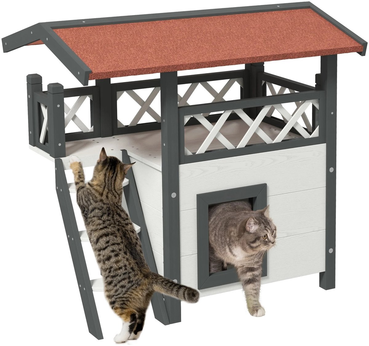 Atlasyx kattenmand - Kattenhuis voor buiten - Kattenbed - Kattenmeubel - Kattenhok - Waterdicht - Met ladder - 77 x50x 73 cm - Wit