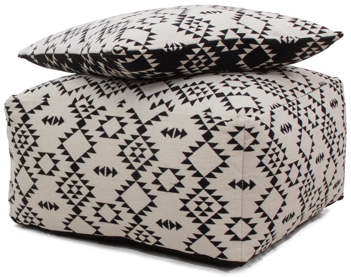 Padiro poef met zitkussen 80 x 80 cm - wit en zwart - stoffen bekleding - geometrisch patroon en omkeerbaar kussen