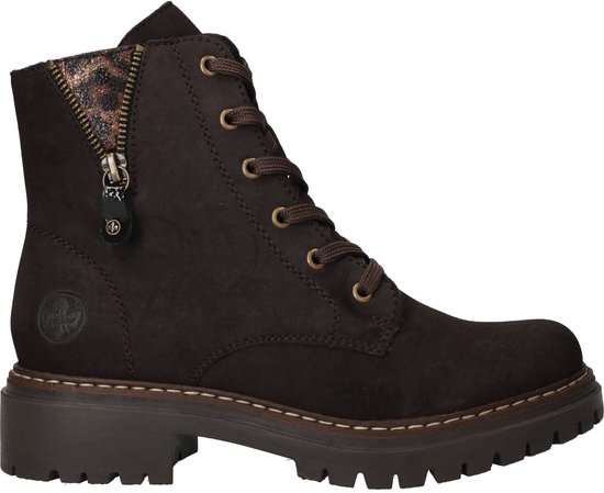 Vue latérale de bottes à lacets en suède marron foncé avec détail de fermeture éclair léopard.