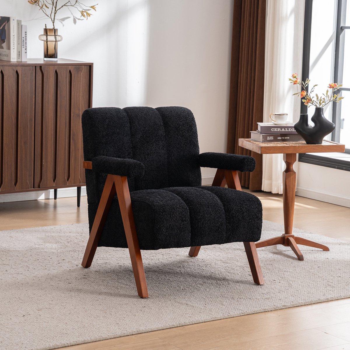 MODFU - Fauteuil - Bouclé Stof En Armleuningen - Retro - Houten Frame - Zwart