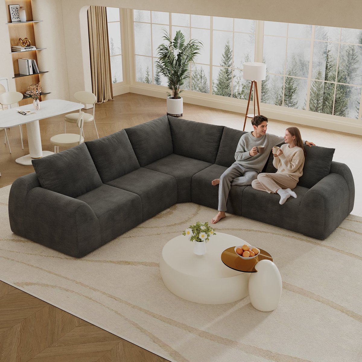 REDOM- Hoekbank - L-vormige structuur - Zonder montage - Chenille bekleding - Woonkamer en appartement - Stof - Donkergrijs - 267 x 267 x 85 cm
