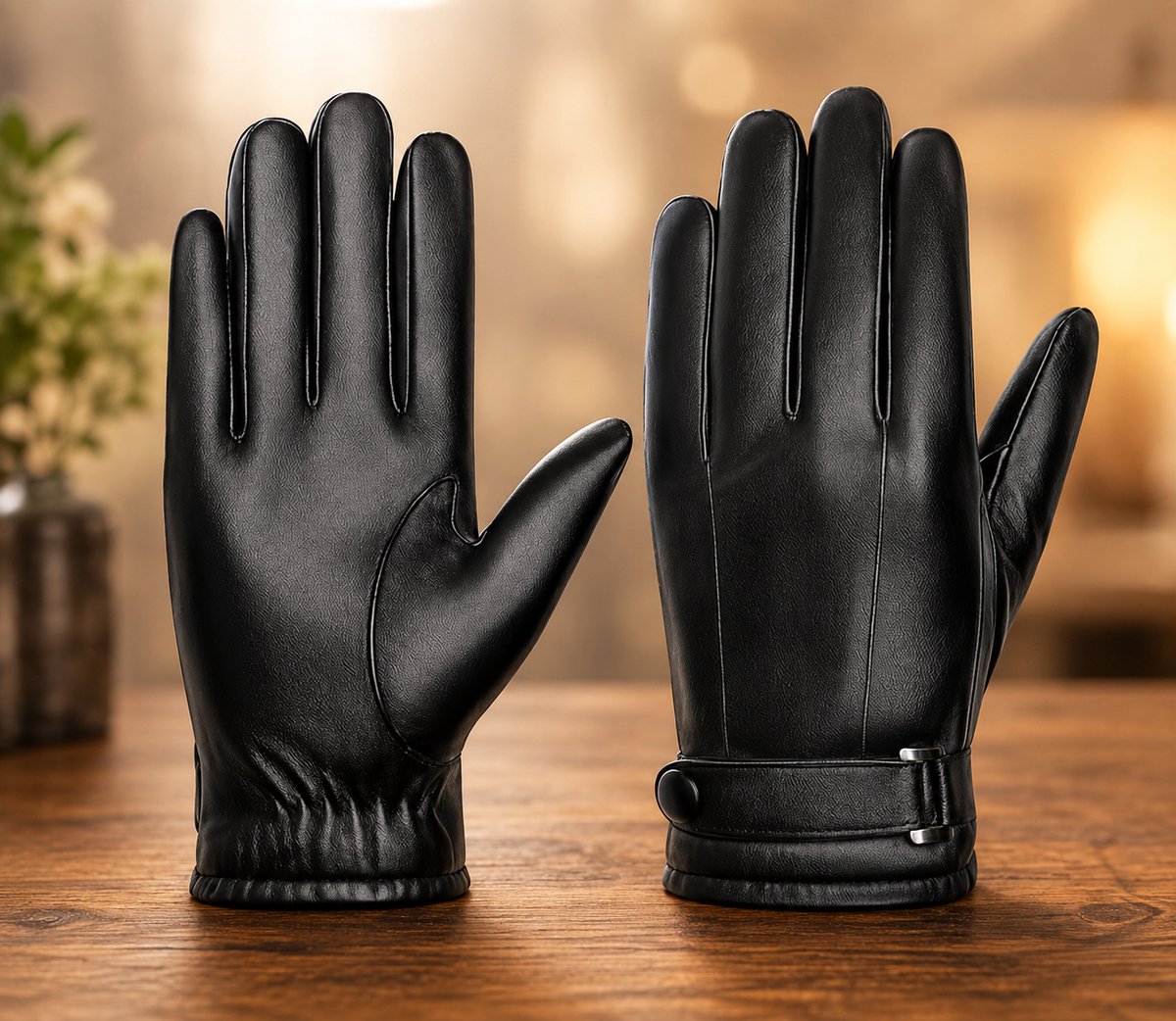 Zwarte handschoenen van PU-kunstleer met touchscreen en warme voering voor heren en dames, casual outdoor handschoenen