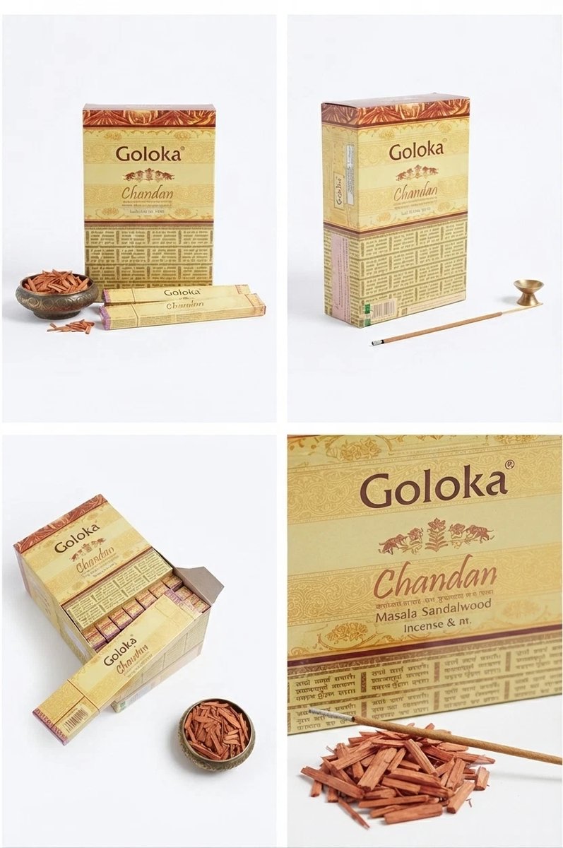 Goloka Chandan Wierooksticks - 12 x 15 Gram Pakket - Premium Exporter Kwaliteit - Natuurlijke Sandelhout Geur voor Aromatherapie, Yoga, Meditatie en Ontspanning - Handgemaakt Indiaas Product Met Kajal Sticker