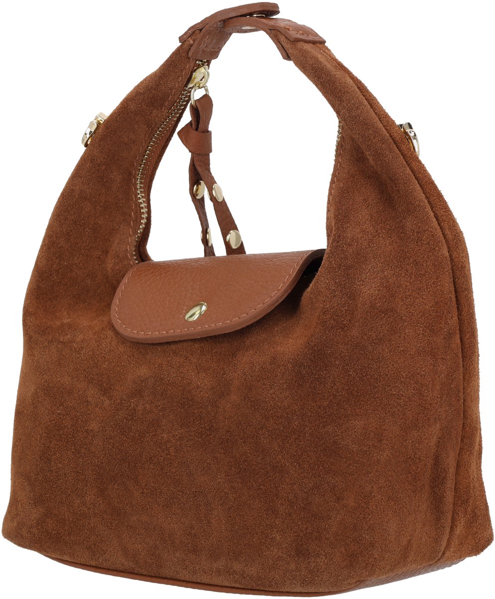 Charm London Vittoria Handtas - Suède Leer - Schoudertas - Afneembare Schouderband - Ritsvak - Magneetsluiting - Leren Dames Tas - Cognac