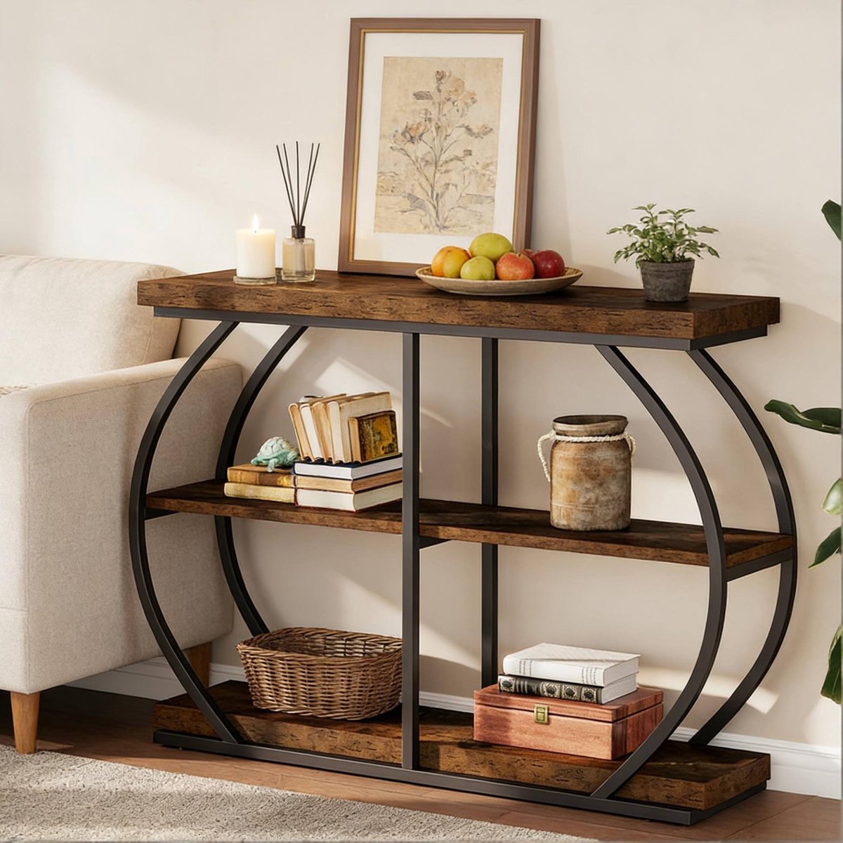 MODFU - Industrieel - Sidetable - 3 Lagen - Metaal En Hout - Bruin - 105 Cm
