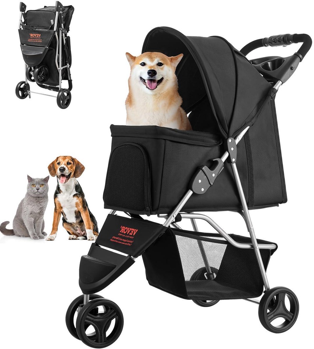 Huisdieren Kinderwagen - Hondenbuggy - Reizen met huisdieren - Met bekerhouder - Capaciteit 16 kg - Zwart