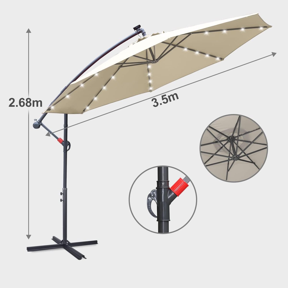 Zweefparasol - Groot zonnescherm - Buiten ontspannen - Geïntegreerde LED verlichting - 350cm diameter - Beige – foto 2