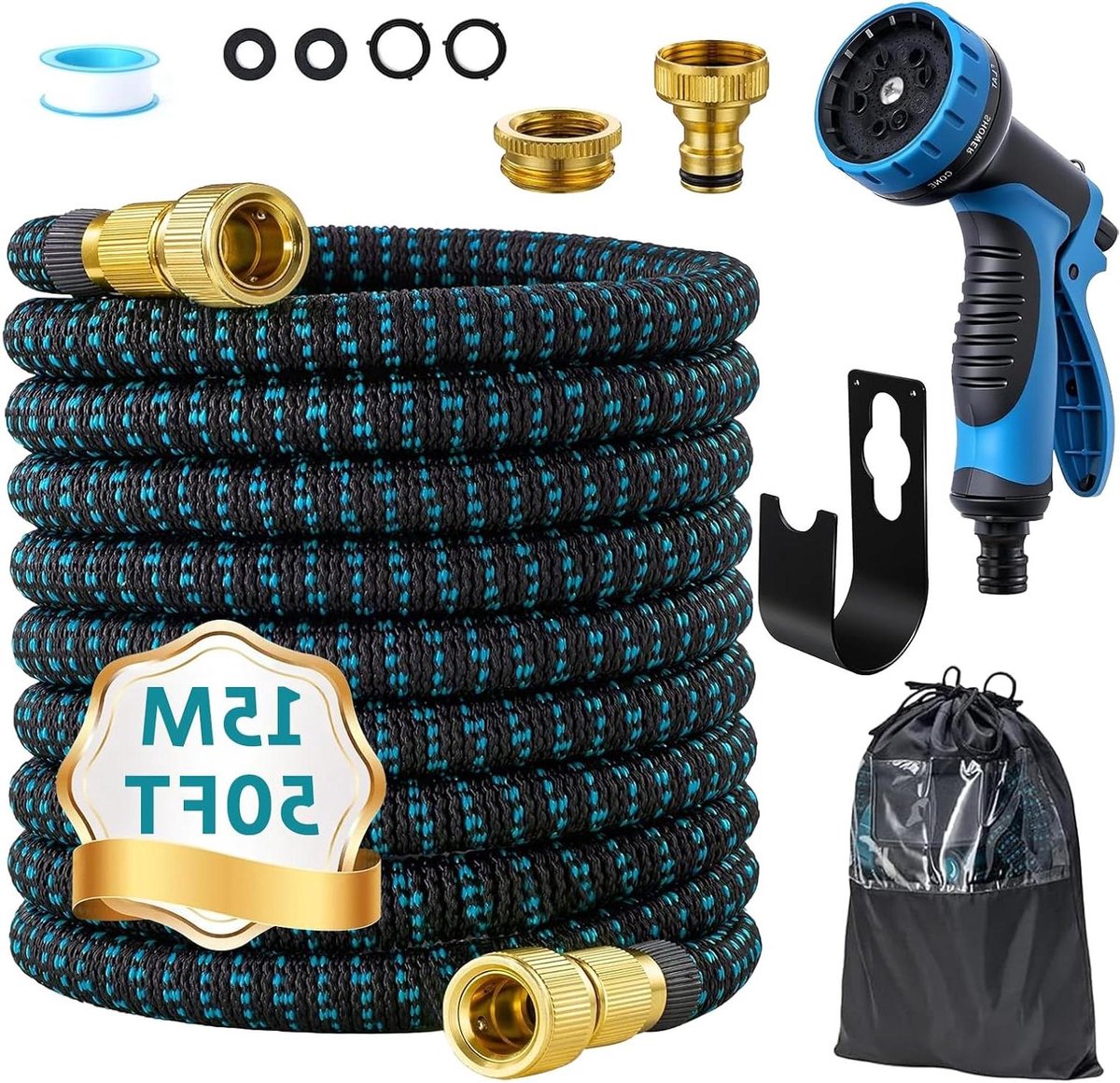 Flexibele Tuinslang - Rekbare Waterslang - Tuin Besproeien - Met Sproeikop - 15 Meter - Blauw