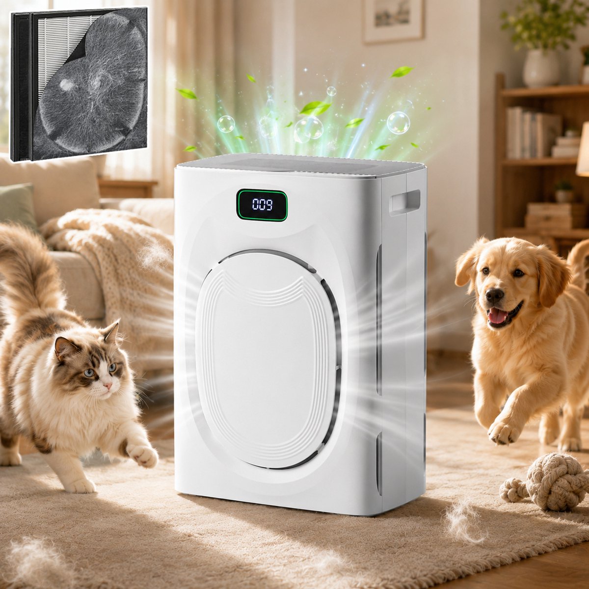 Rosnek Luchtreiniger voor Huisdieren - H13 HEPA + Actief Koolfilter - 350 m³/h CADR - Wasbaar Voorfilter tegen Kattenhaar, Hondenhaar, Pollen & Geuren - PM2.5 - Slaapmodus - Wit