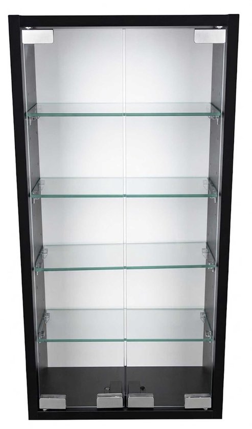 Zwarte vitrinekast met 5 glazen legplanken, met gesloten glazen deuren en LED-verlichting.