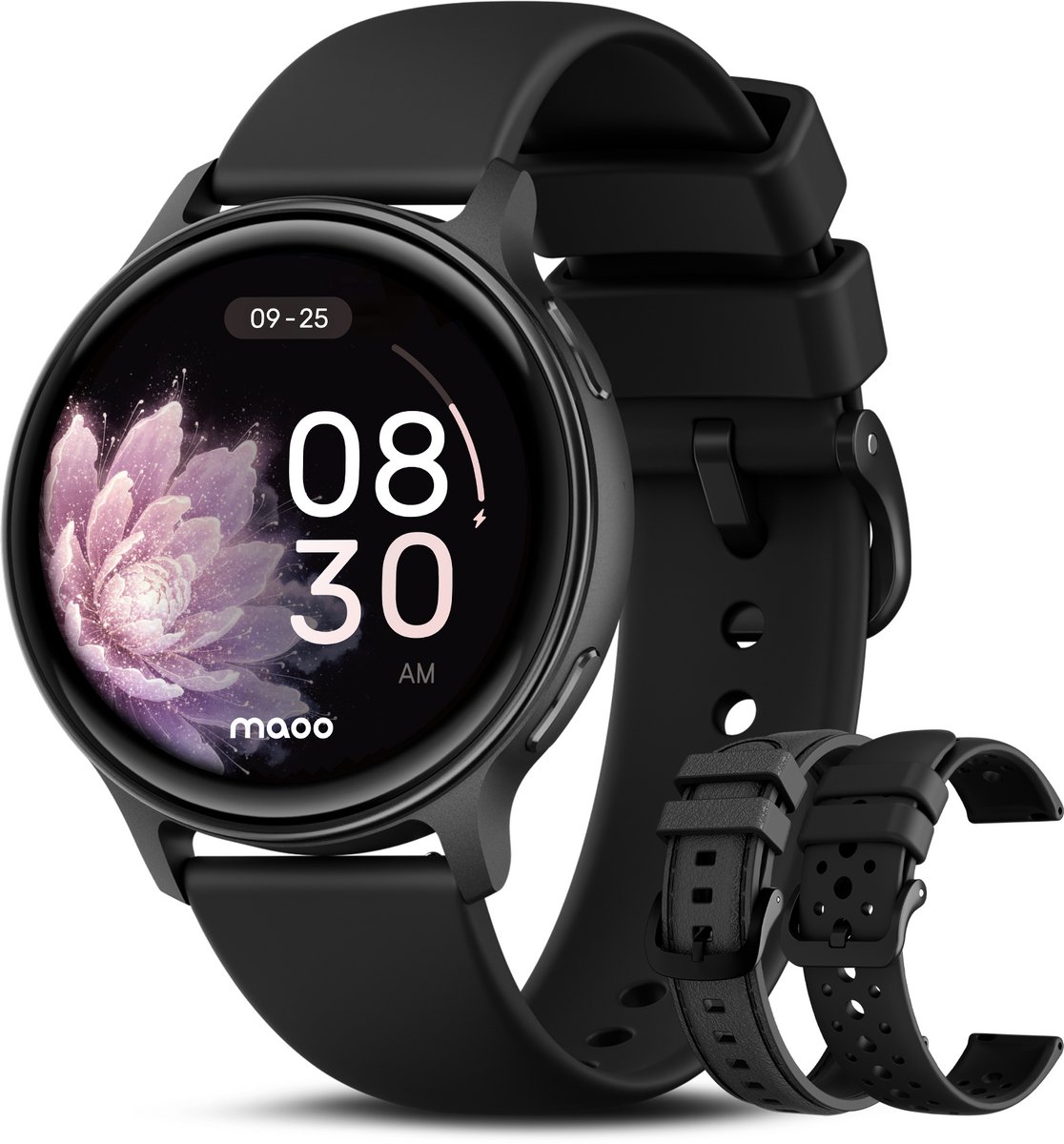 Maoo Ventura 2 - GPS Smartwatch Dames - AMOLED - Siliconen, Leren en Sportbandje - Stappenteller - Hartslagmeter - Slaapmonitor - Belfunctie - AOD - Multisport - Geschikt voor Android en iOS - Zwart