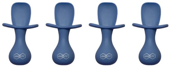 Vier donkerblauwe JU&MP babylepels op een rij, elk met het JU&MP logo op de steel.