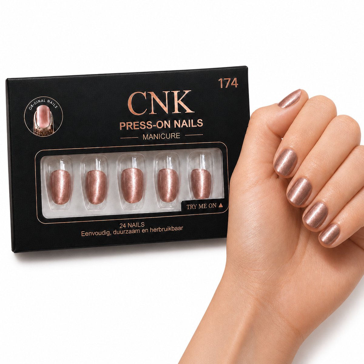 CNK 174 Press On Nails - Plaknagels - 24 Kunstnagels met Nagellijm, 24 Zelfklevende Plakstickers, Cleaner Wipe, Nagelvijl, Woodstick & Size Matcher - Nepnagels voor 7-14 Dagen - Herbruikbare Press-On Nagels - Starterspakket voor Manicure & Nail Art