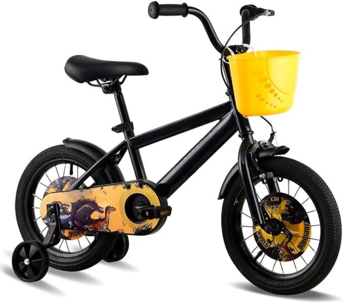 Thuys - Kinderfiets 14 Inch met Zijwieltjes – 3–5 Jaar – Dinosaur Design – Handrem & Terugtraprem – Verstelbaar Zadel – Fietsmand – 1 Versnelling – Zwart/Geel
