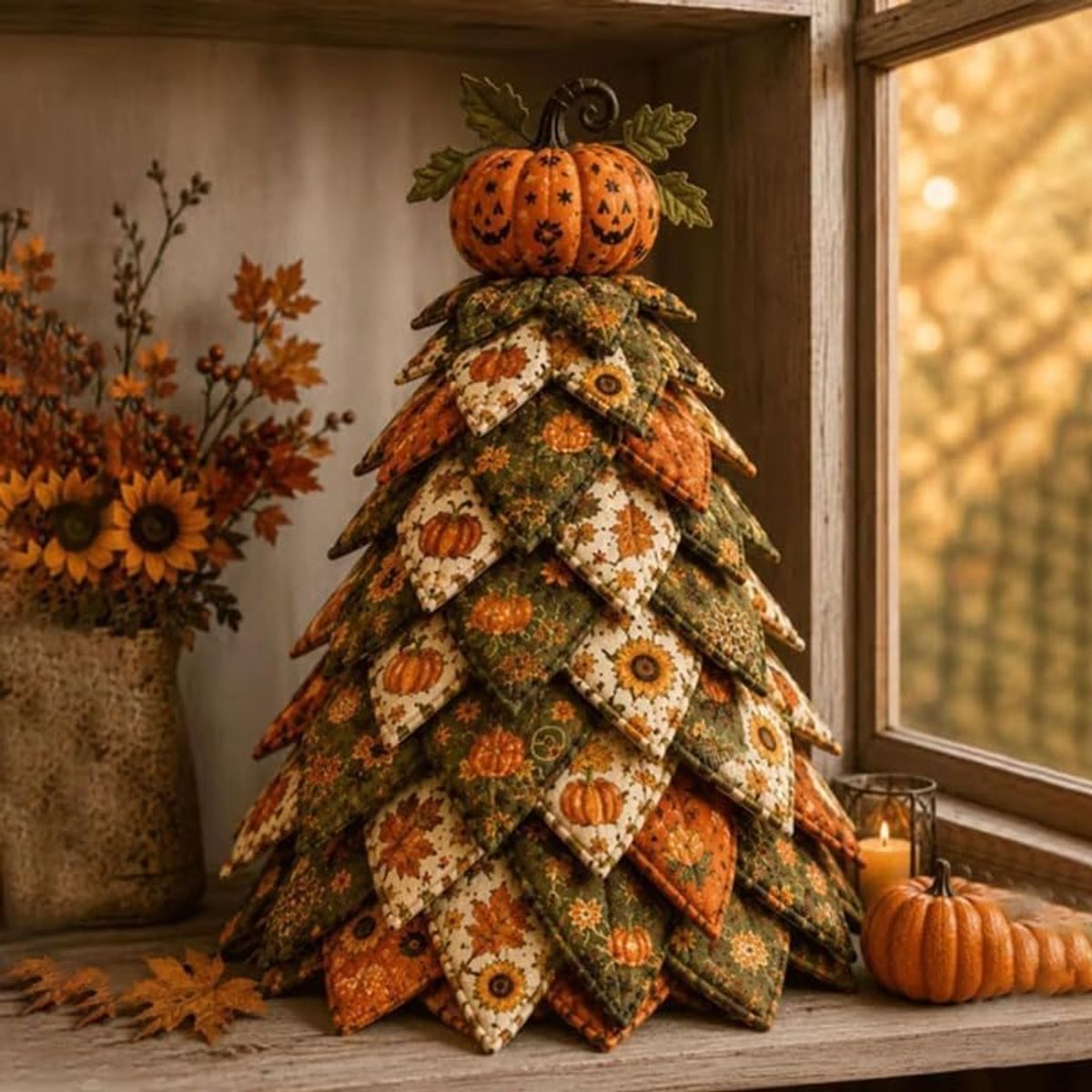 Halloween & Herfst Patchwork Boom – Complete DIY Naaikit – 20 × 11 cm gewatteerde decoratie – Voor tafel, kast en vensterbank