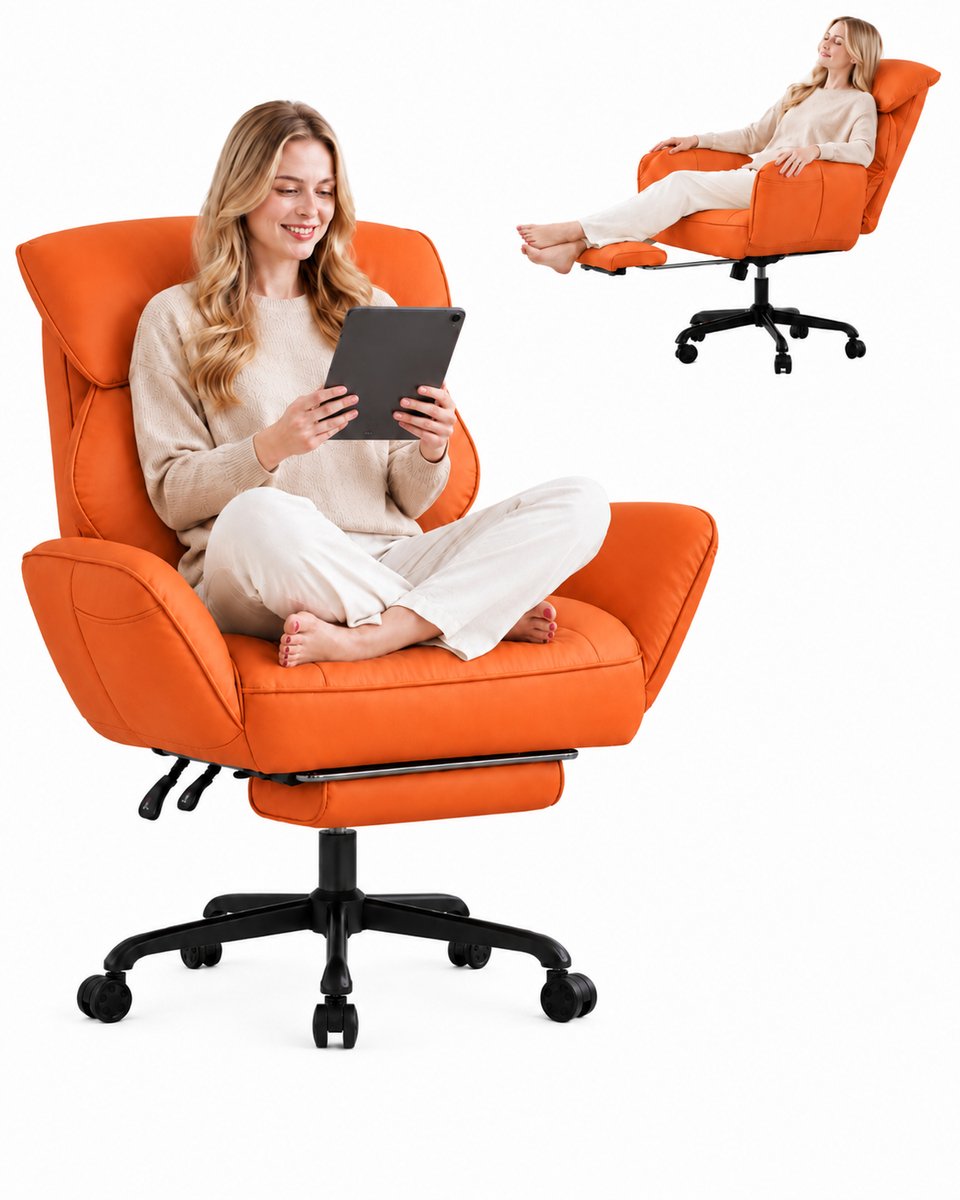 Dowinx Bureaustoelen-Gamingstoel – Ergonomische Bureaustoel met Pocketvering, Uitschuifbare Voetensteun en Verstelbare Armleuningen – PU Leer – 136 kg-Oranje
