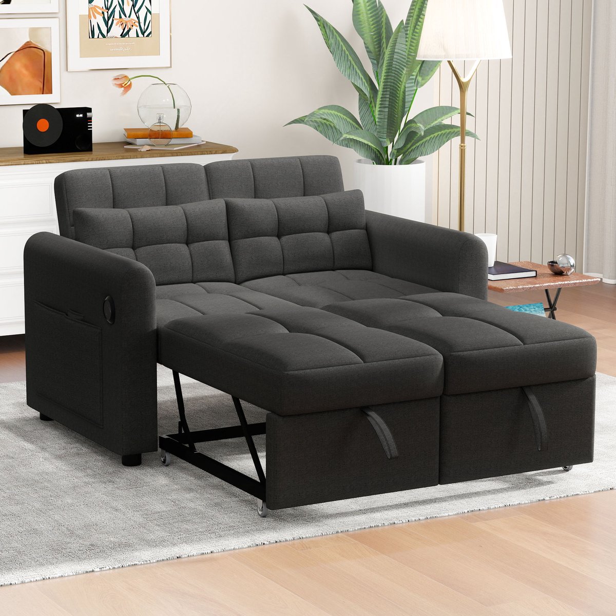 Slaapbank, Tweezits Bank, Modern Ontwerp: Loveseat Bank, 3-In-1 Uitschuifbare Bank Met Verstelbare Rugleuning, USB, Armleuningvakken En Kussens. Geschikt Voor Woonkamer, Slaapkamer, Grijs