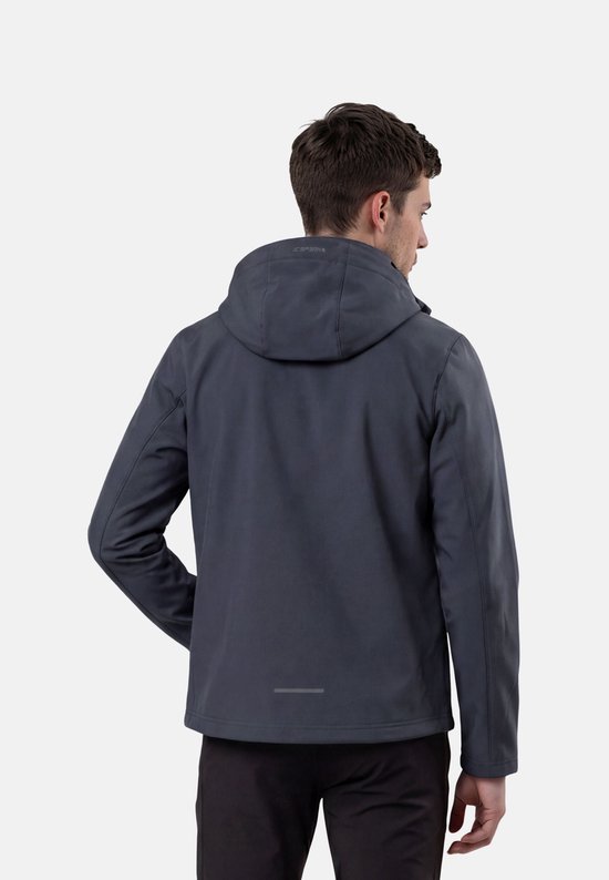 Achterkant van een donkergrijze Icepeak softshell jas met capuchon en reflecterende strip op een model.
