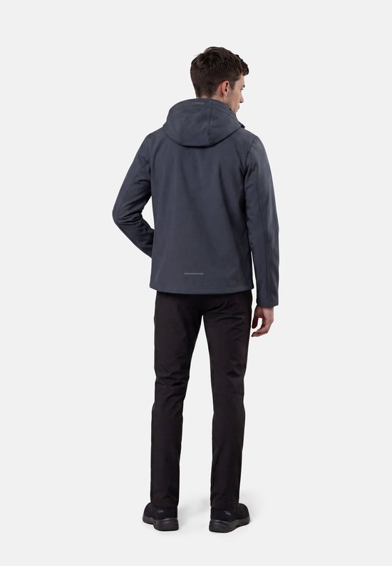 Achterzijde van een donkergrijze Icepeak softshell jas met capuchon en reflecterend detail op een model.